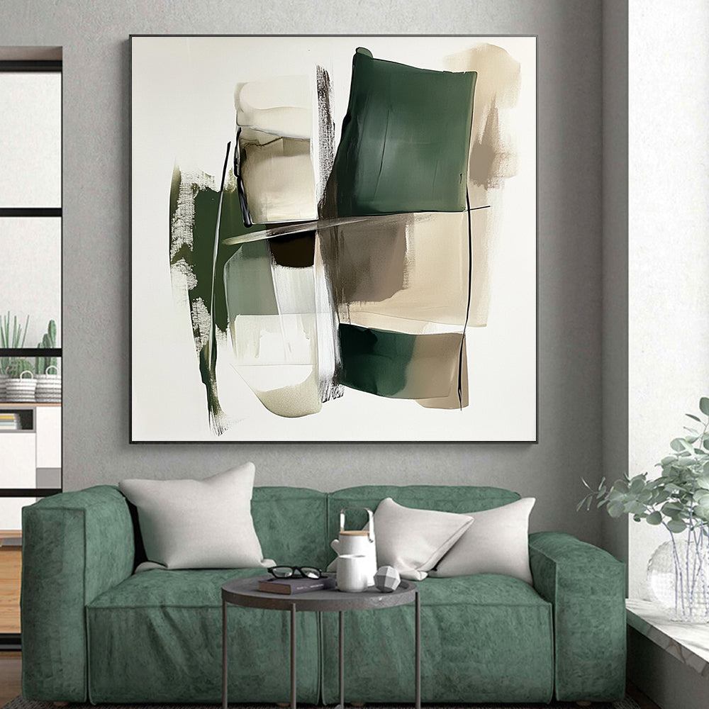 Green Beige Abstract Painting with Layered Geometry WINK560