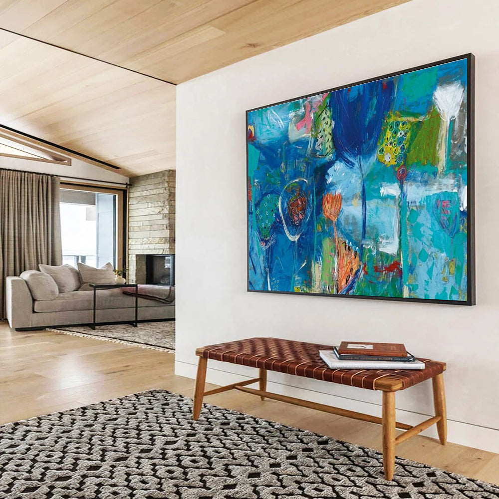 Blue Abstract Floral Painting for Calming Spa Interiors YHT245