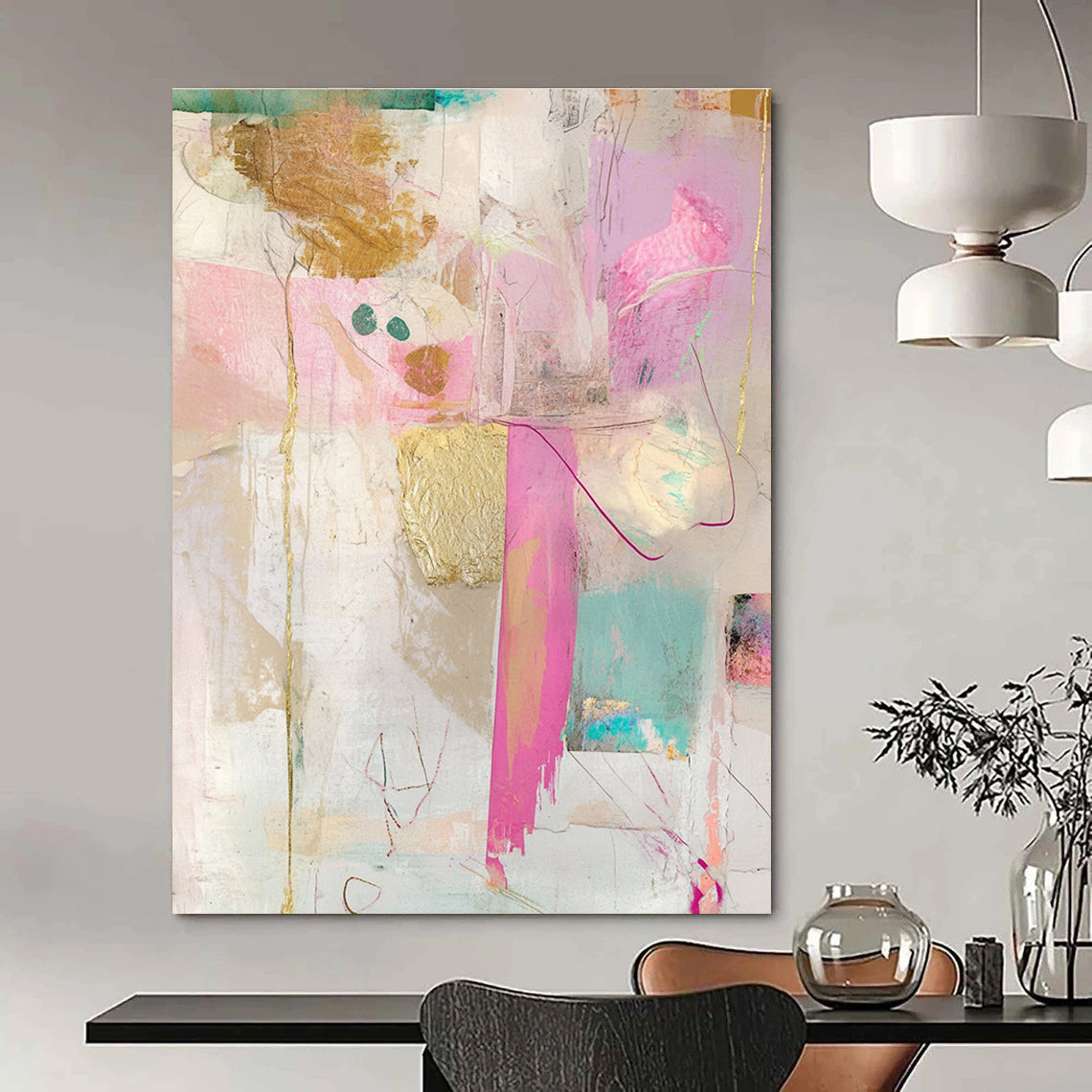 Pink and Gold Collage Luxe Mixed Media Abstract Painting GAB0251