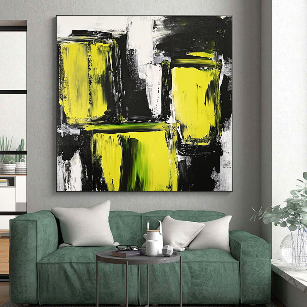 Vibrant Yellow Black Abstract Painting with Energetic Contrast WINK593