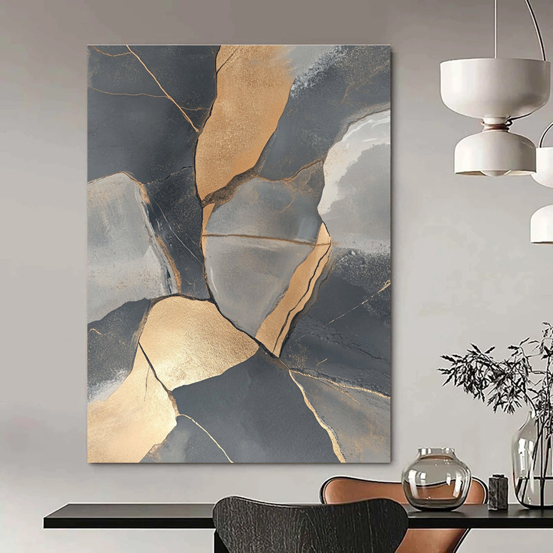 Gold and Gray Stones Abstract Painting for Luxury Office Lobbies GAB1344