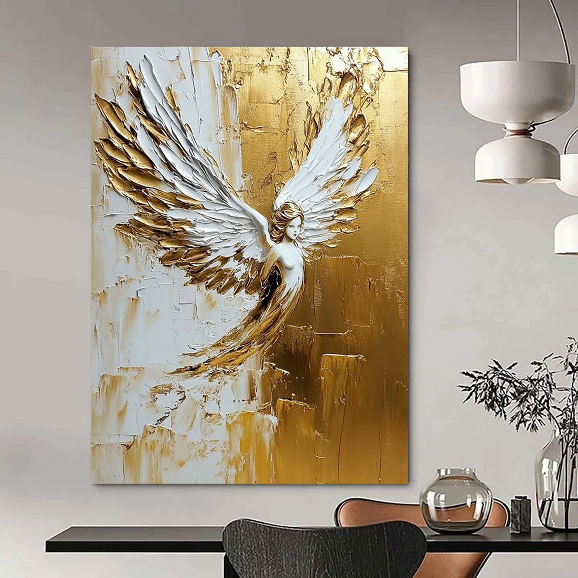 Golden Angel Winged Figure - Spiritual Textured Abstract Art GAB0434