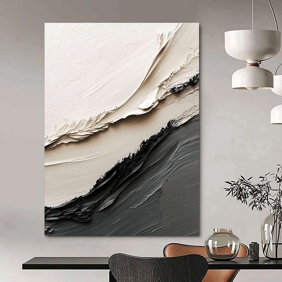 Beige and Black Textured Ridges Industrial Abstract Painting for Loft Spaces GAB1517
