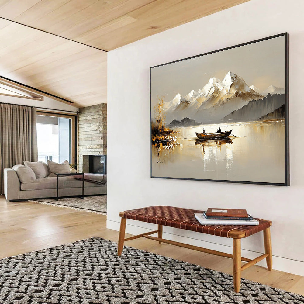 Boat on Lake with Snowy Mountains Abstract Painting with Serene Beauty ABS605