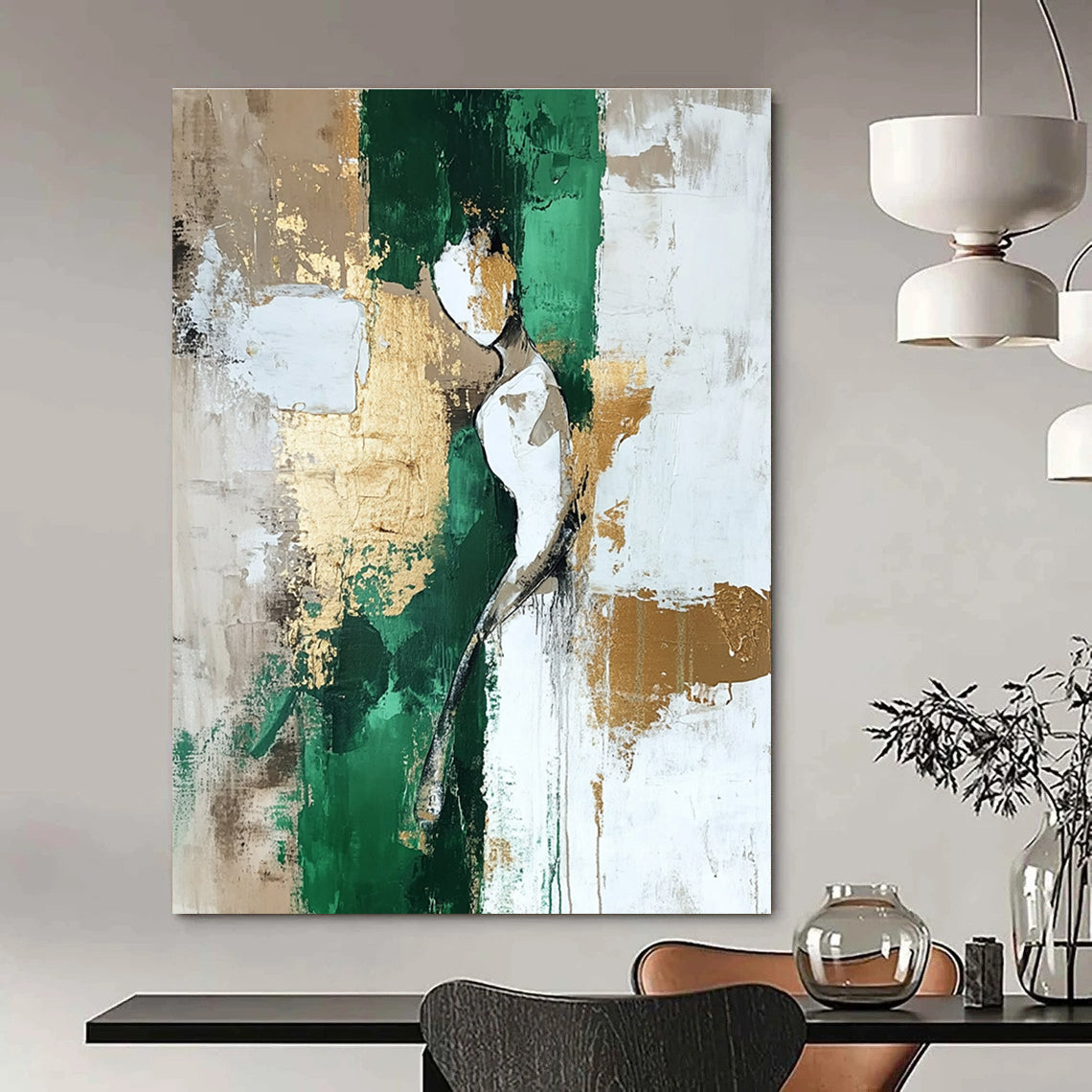Abstract Figure Painting with Green and Gold Accents GAB0675