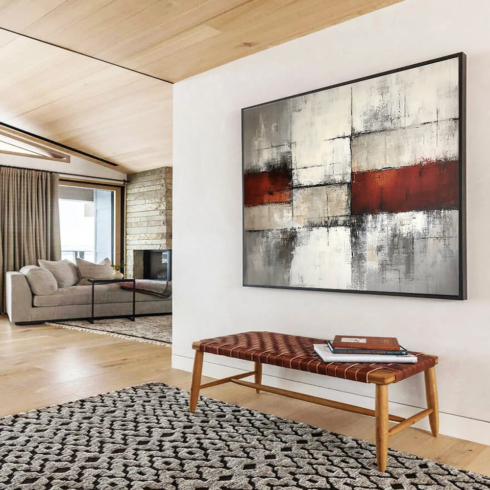 Gray, White, and Red Abstract Painting ABS589