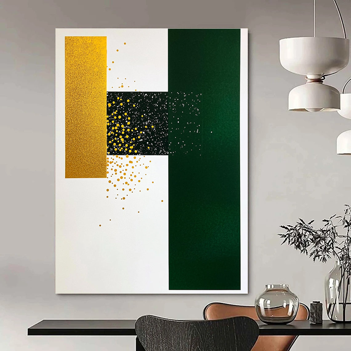 Gold Green Geometric Dots Abstract Painting of Playful Opulence GAB0144