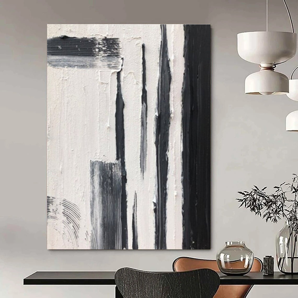Black and White Textured Vertical Strokes Abstract Painting for Contemporary Entrances HENG367