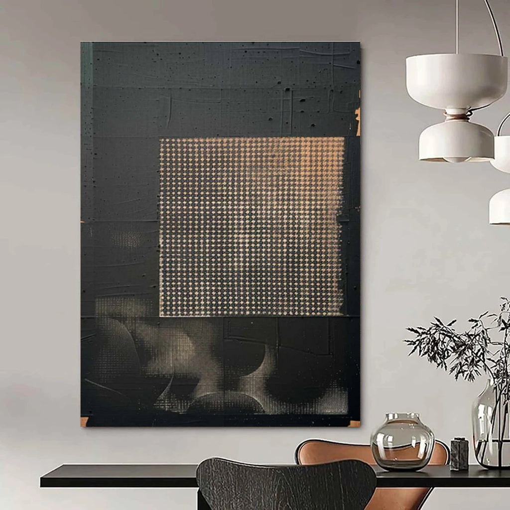 Black and Gold Grid Abstract Painting for Contemporary Art Spaces HENG306