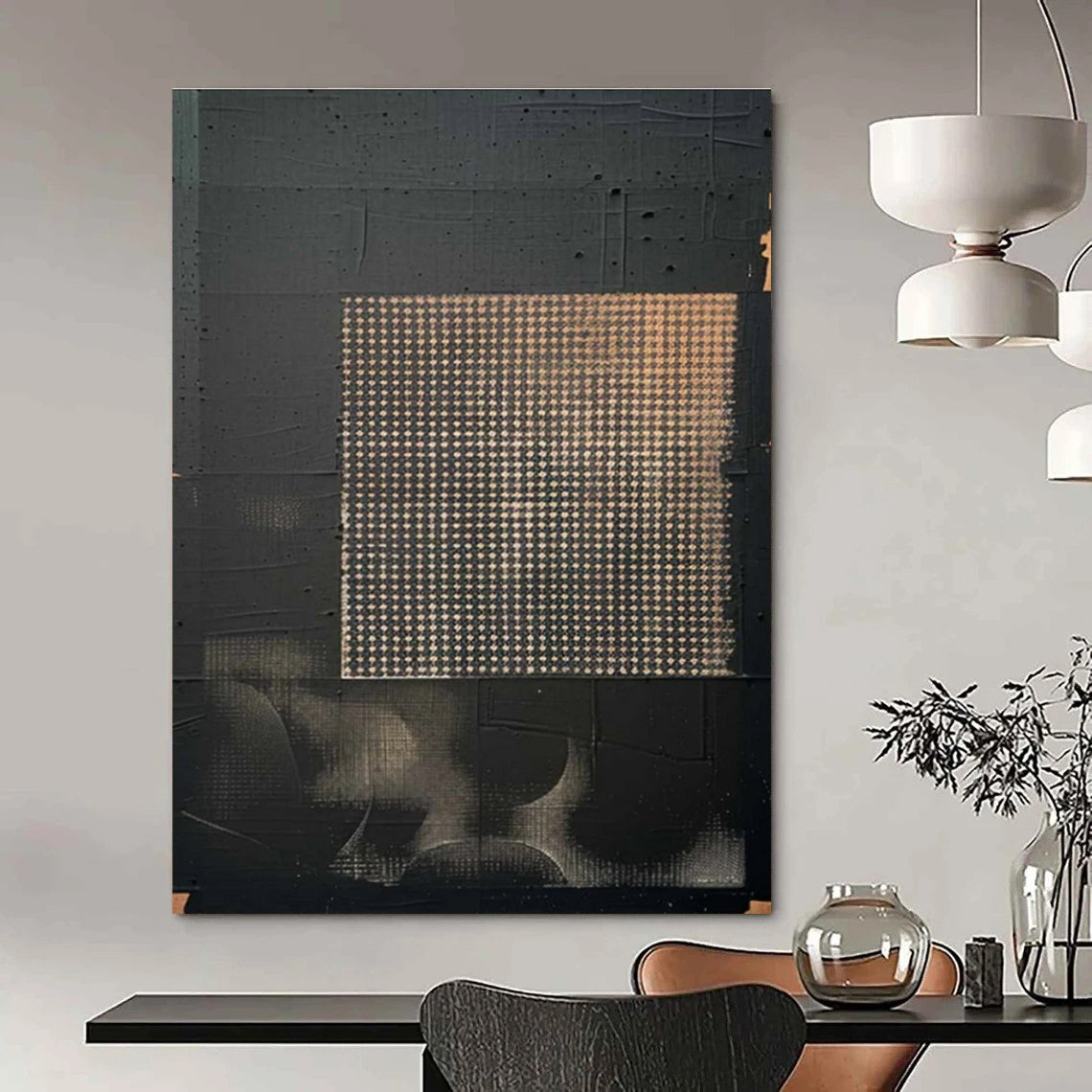 Black and Gold Grid Abstract Painting for Contemporary Art Spaces HENG306