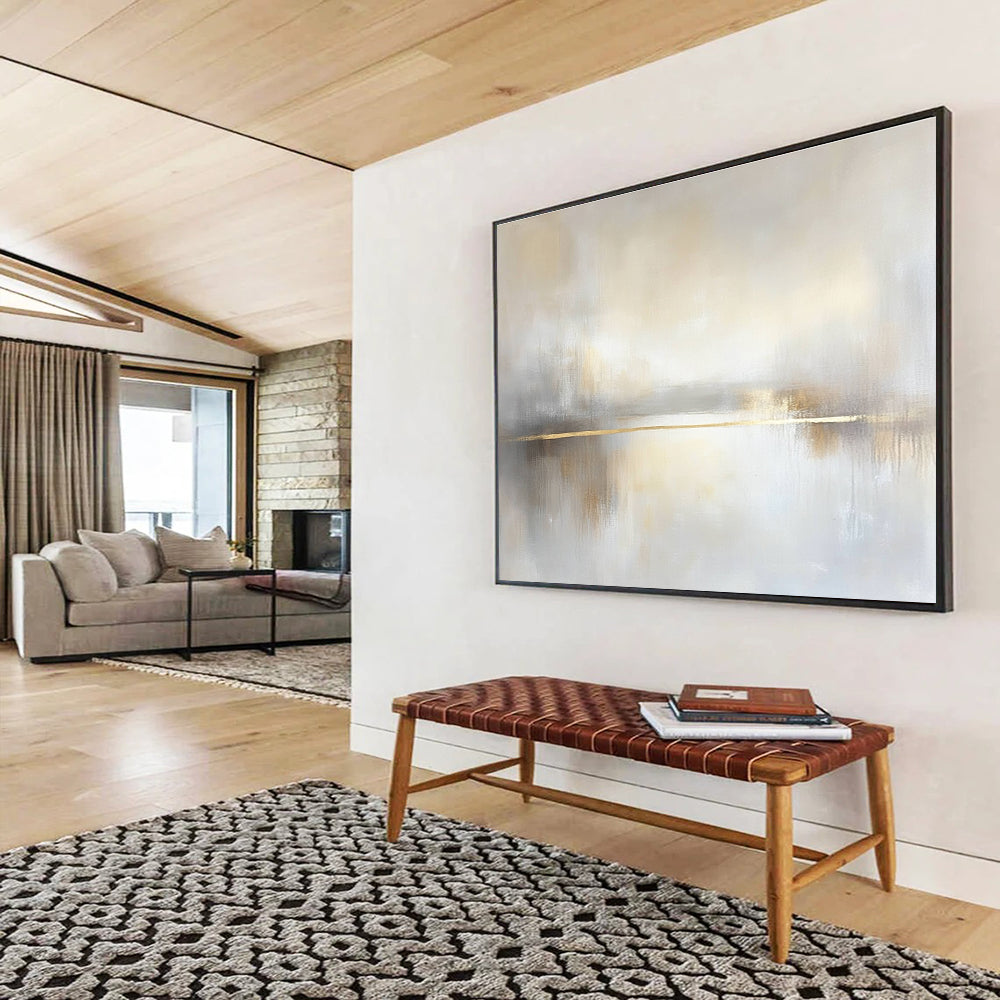 Golden Stripe Lake Abstract Painting with Subtle Elegance ABS295