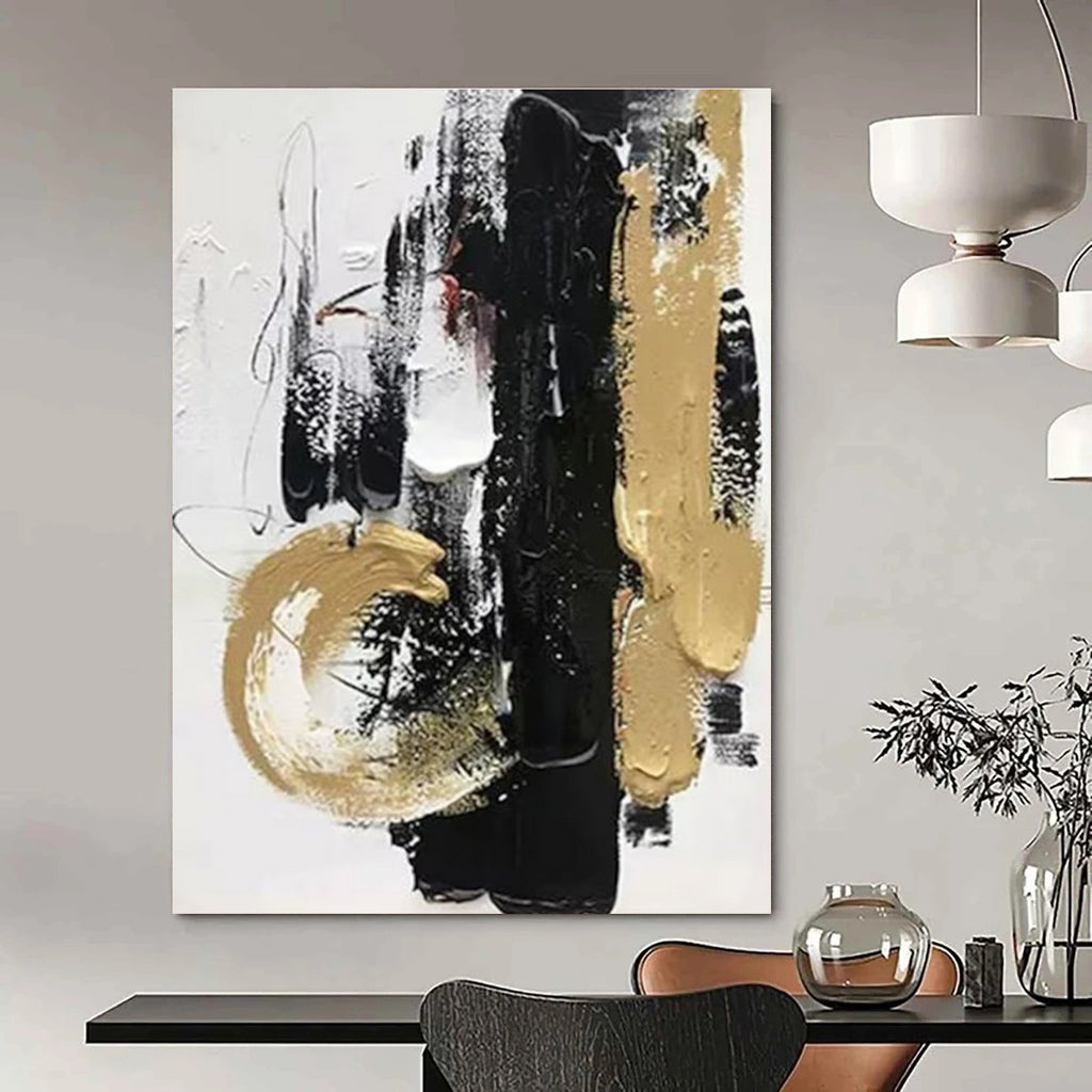 Black - Gold - White Abstract Expression Painting for Luxury Home Entrances HENG146