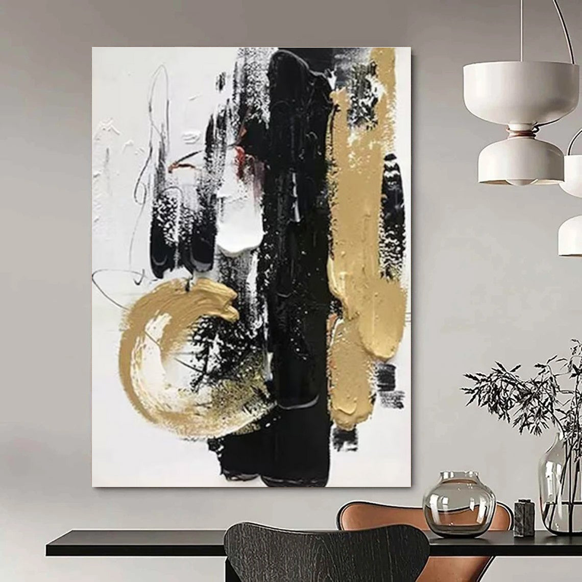 Black - Gold - White Abstract Expression Painting for Luxury Home Entrances HENG146