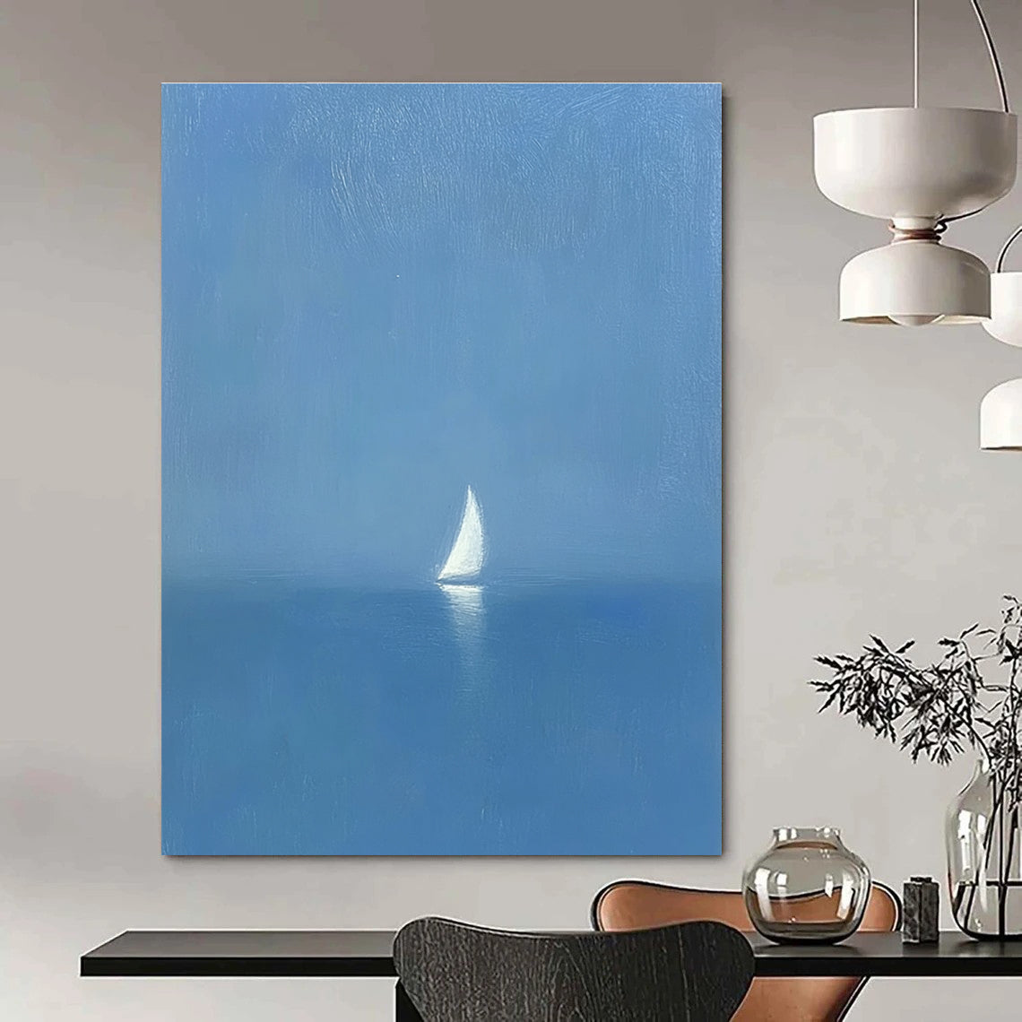 Solitary Sailboat at Sea Serene Maritime Abstract Painting GAB0236