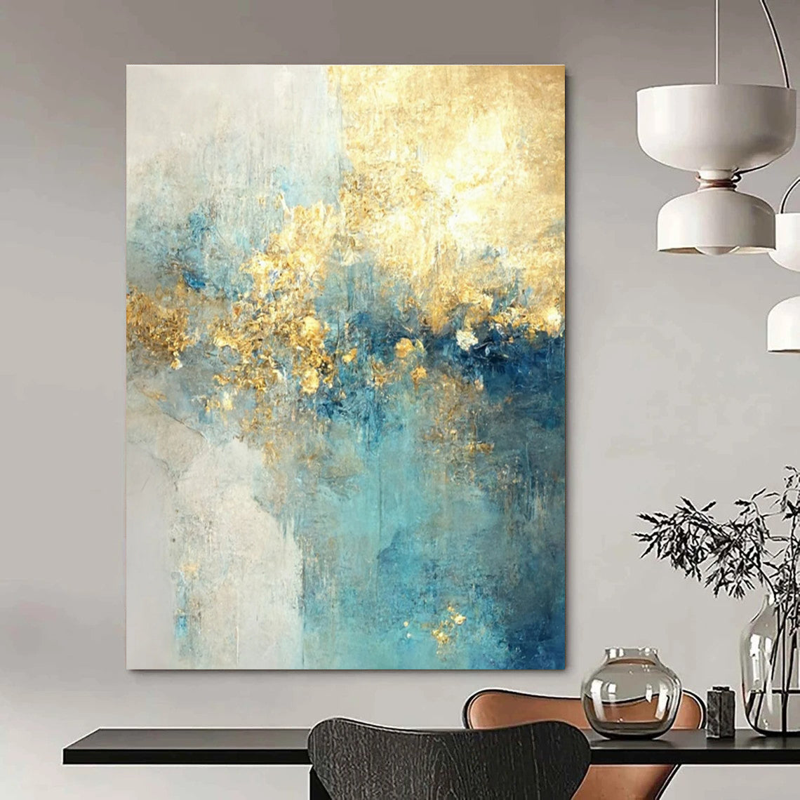 Blue - Gold Abstract Landscape Painting for Coastal Home Offices HENG077