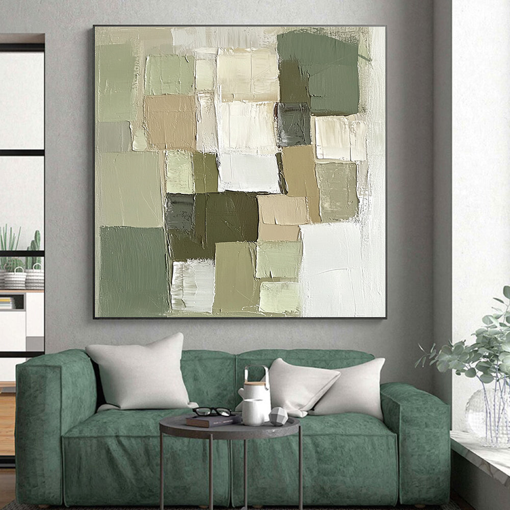 Green and Neutral Tones Abstract Painting with Textured Squares WINK811