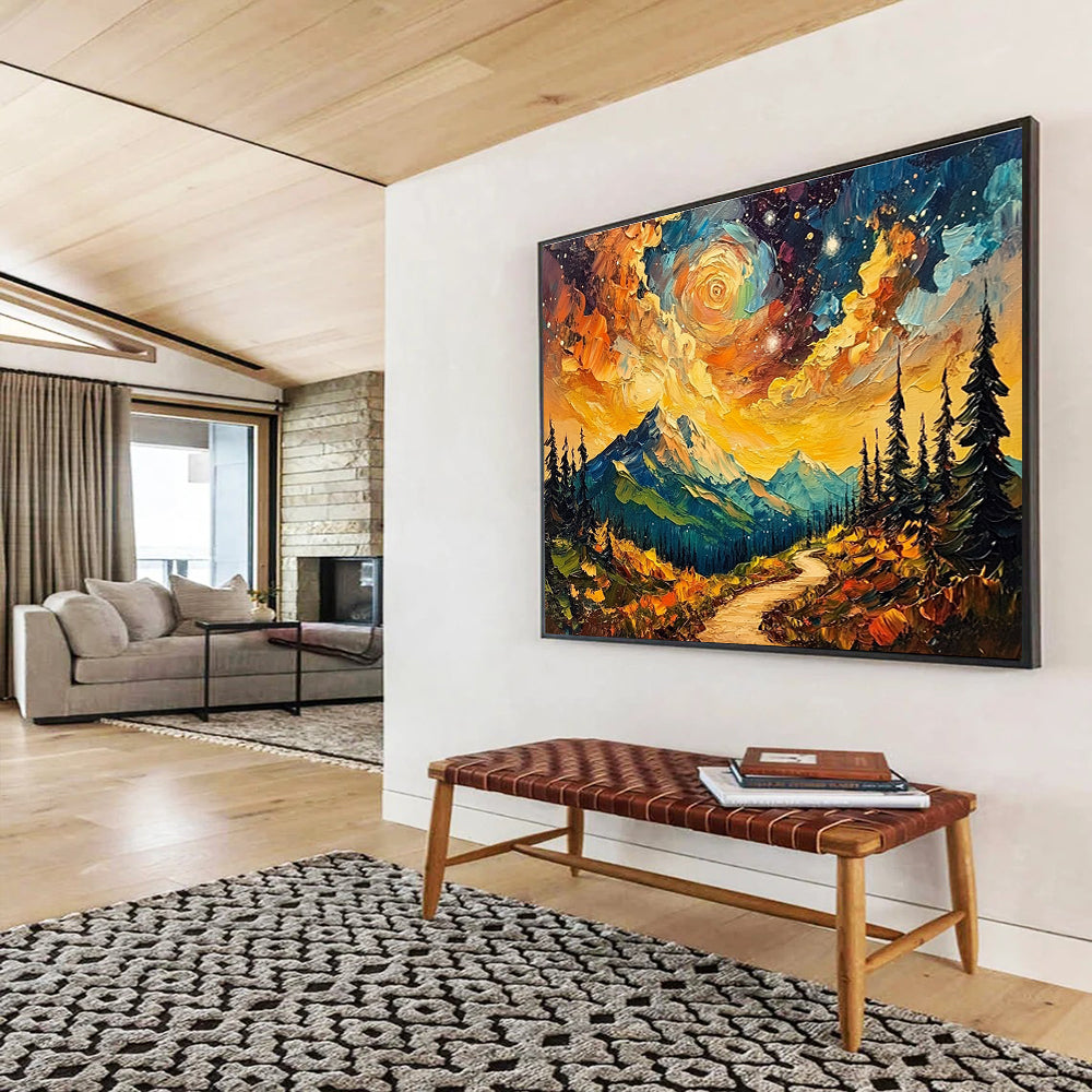 Mountain Path Under Starry Sky: Dreamy Wilderness Adventure Abstract Painting ABS155