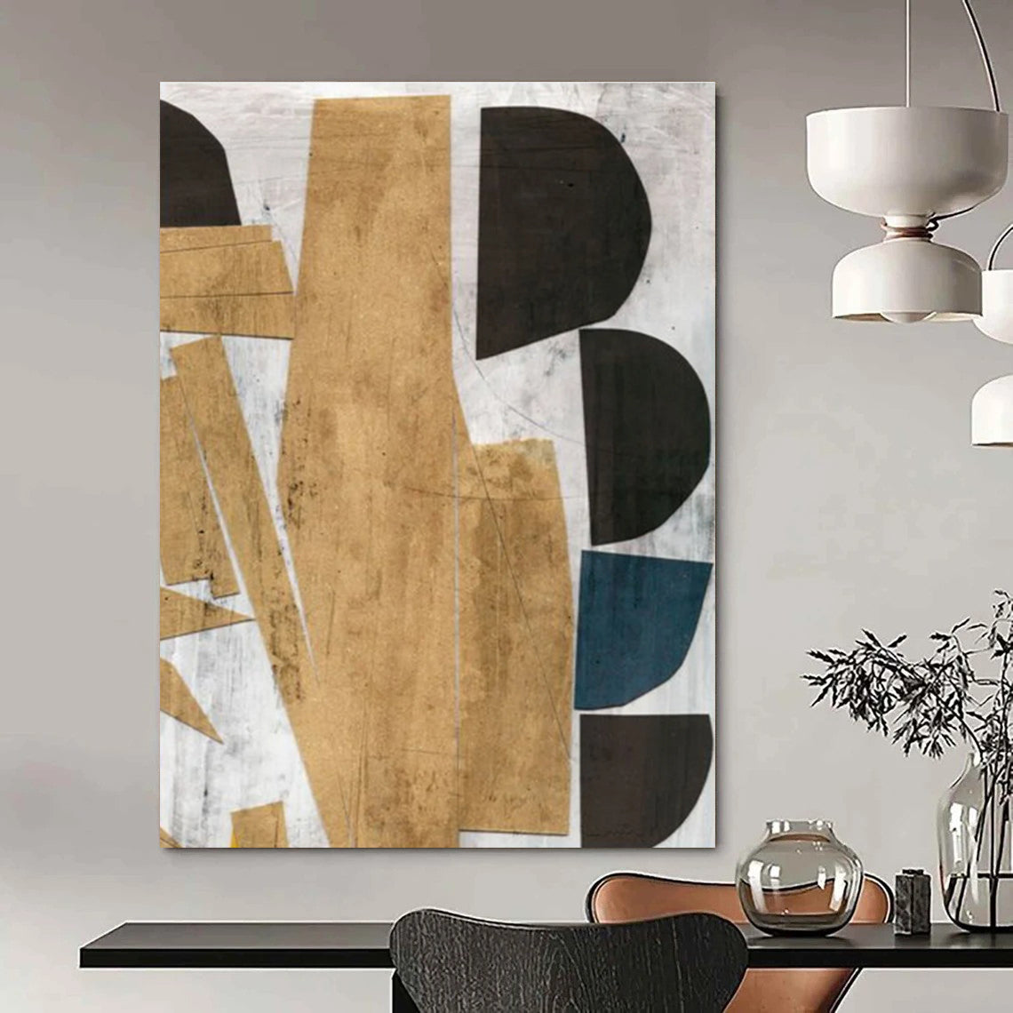 Geometric Gold - Black Abstract Painting for Luxury Home Entrances HENG216