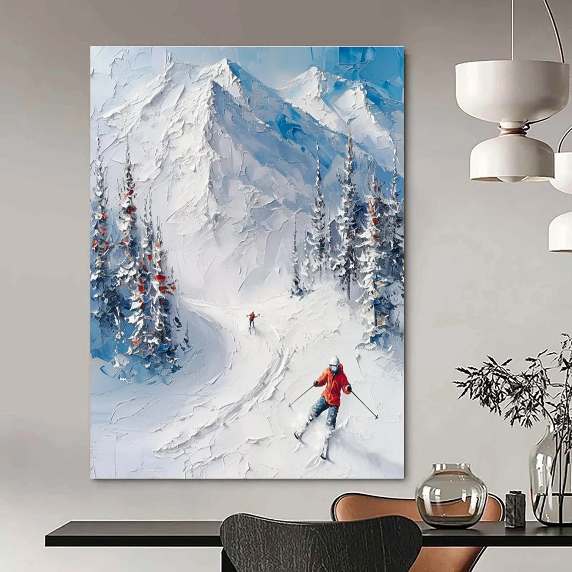 Textured Ski Mountain Scene Painting for Alpine - Inspired Interiors HENG313