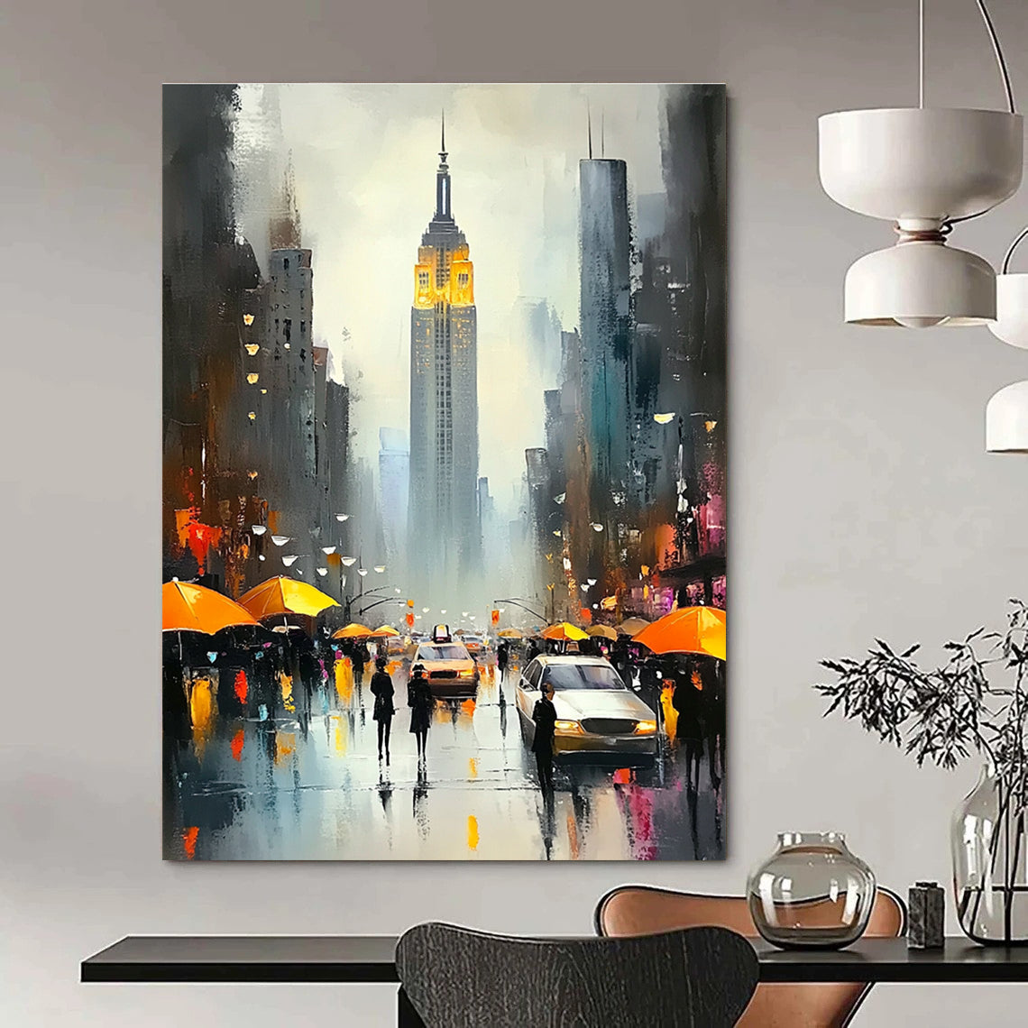 Rainy City Street with Umbrellas Romantic Urban Abstract Painting GAB0287