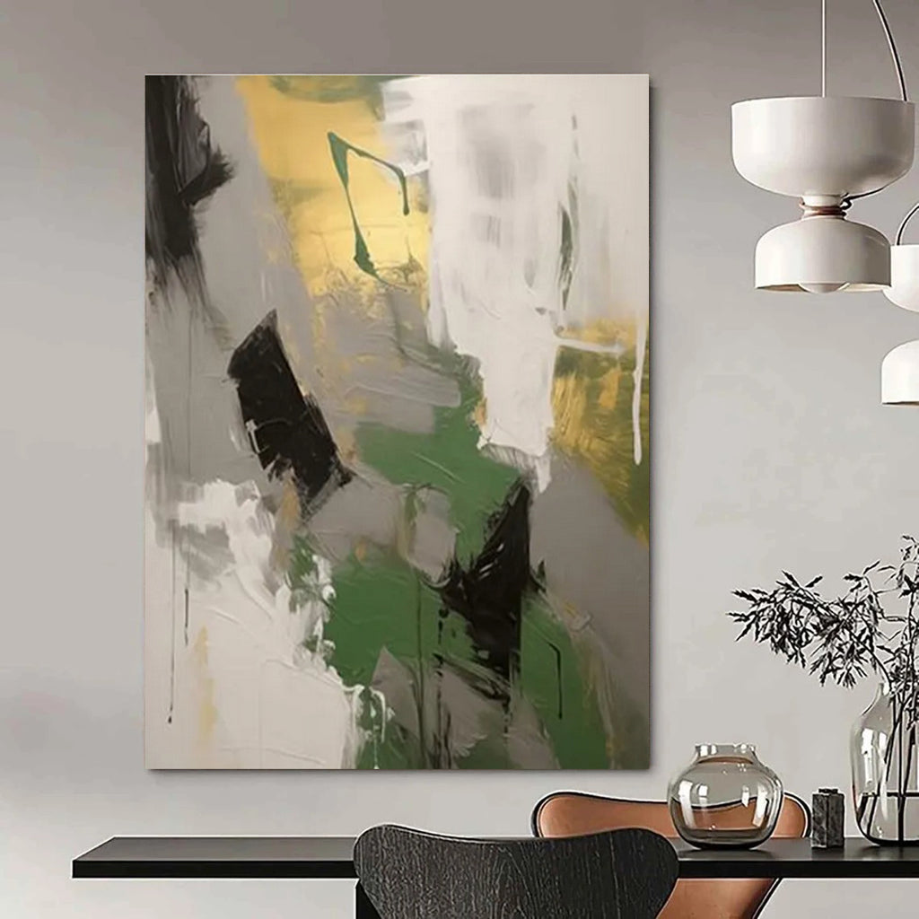 Green - Gray - Gold Abstract Painting for Eco - Friendly Workspaces HENG115