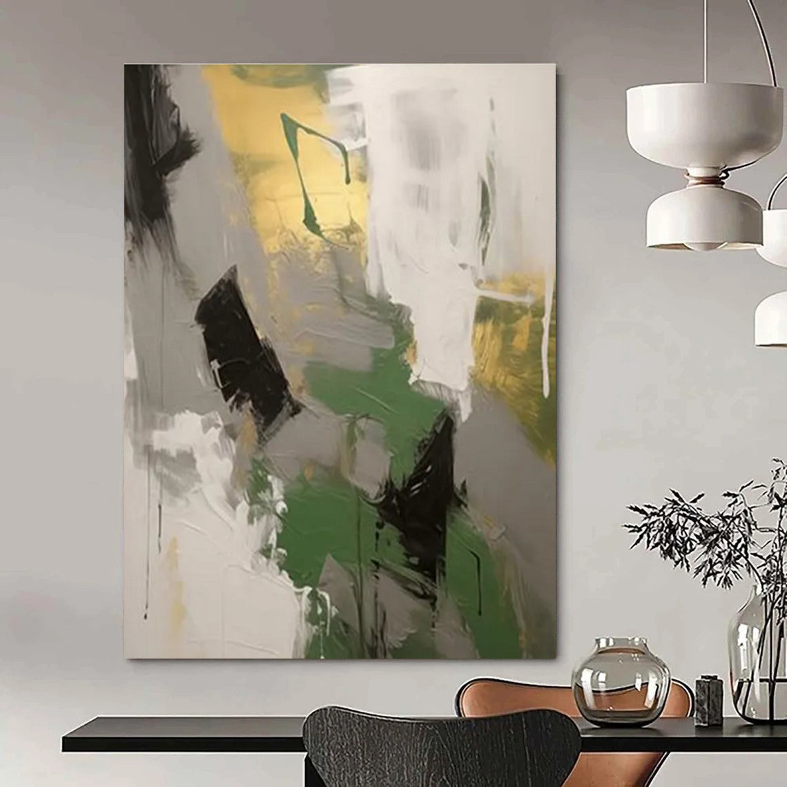 Green - Gray - Gold Abstract Painting for Eco - Friendly Workspaces HENG115