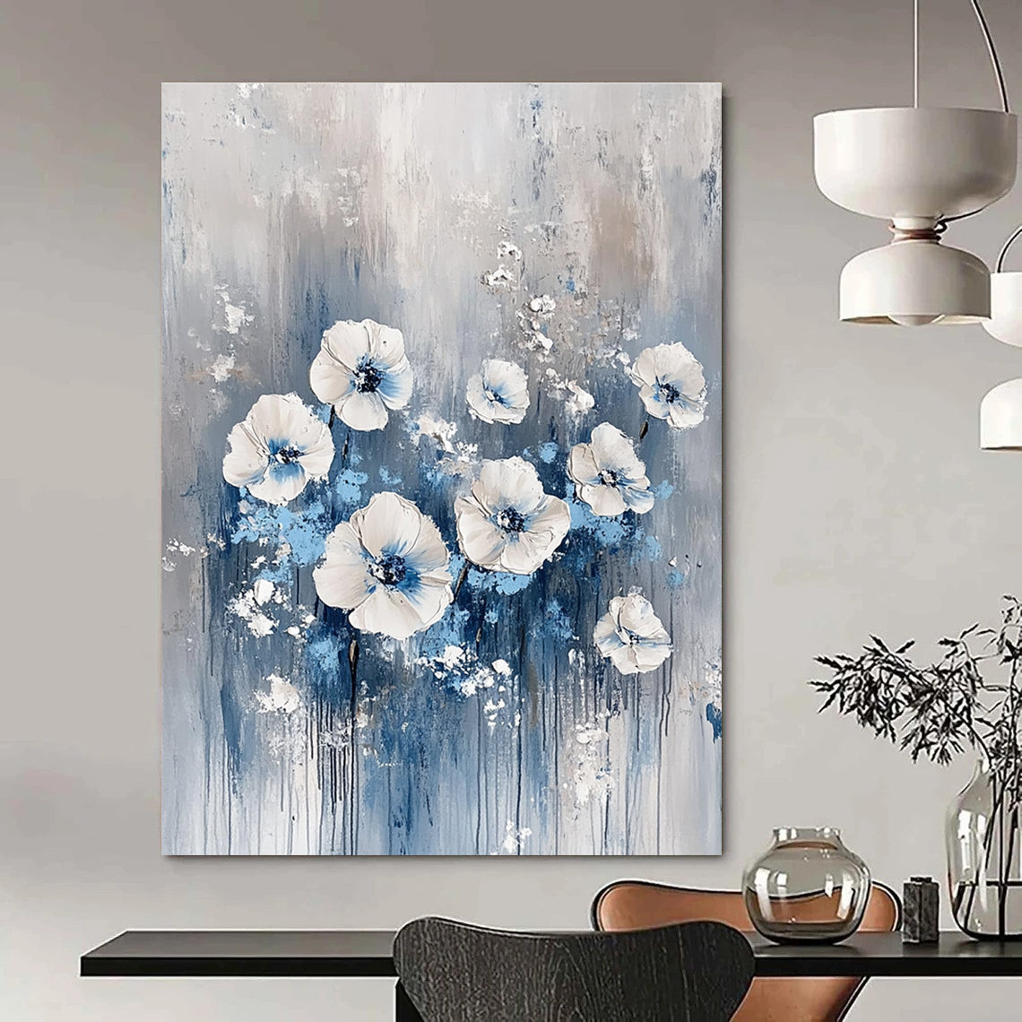 White and Blue Floral Abstract - Textured Botanical Abstract Art GAB0466