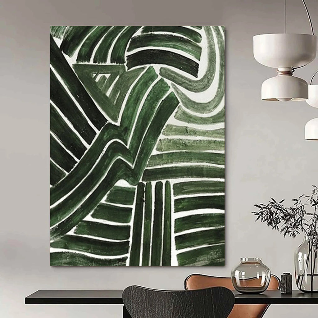 Green Curved Lines Abstract Painting for Nature - Inspired Cafes HENG492