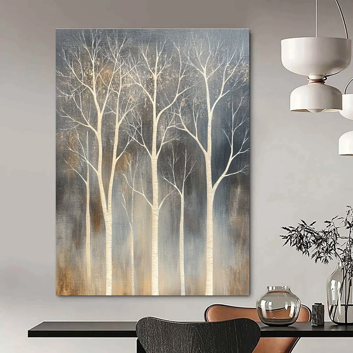 White Trees on Dark Background Abstract Painting for Contemporary Forest - Themed Galleries GAB0817