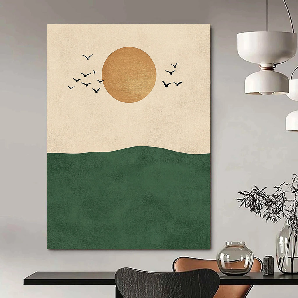 Sun Birds and Green Hill Abstract Painting for Nature - Inspired Living Rooms GAB1380