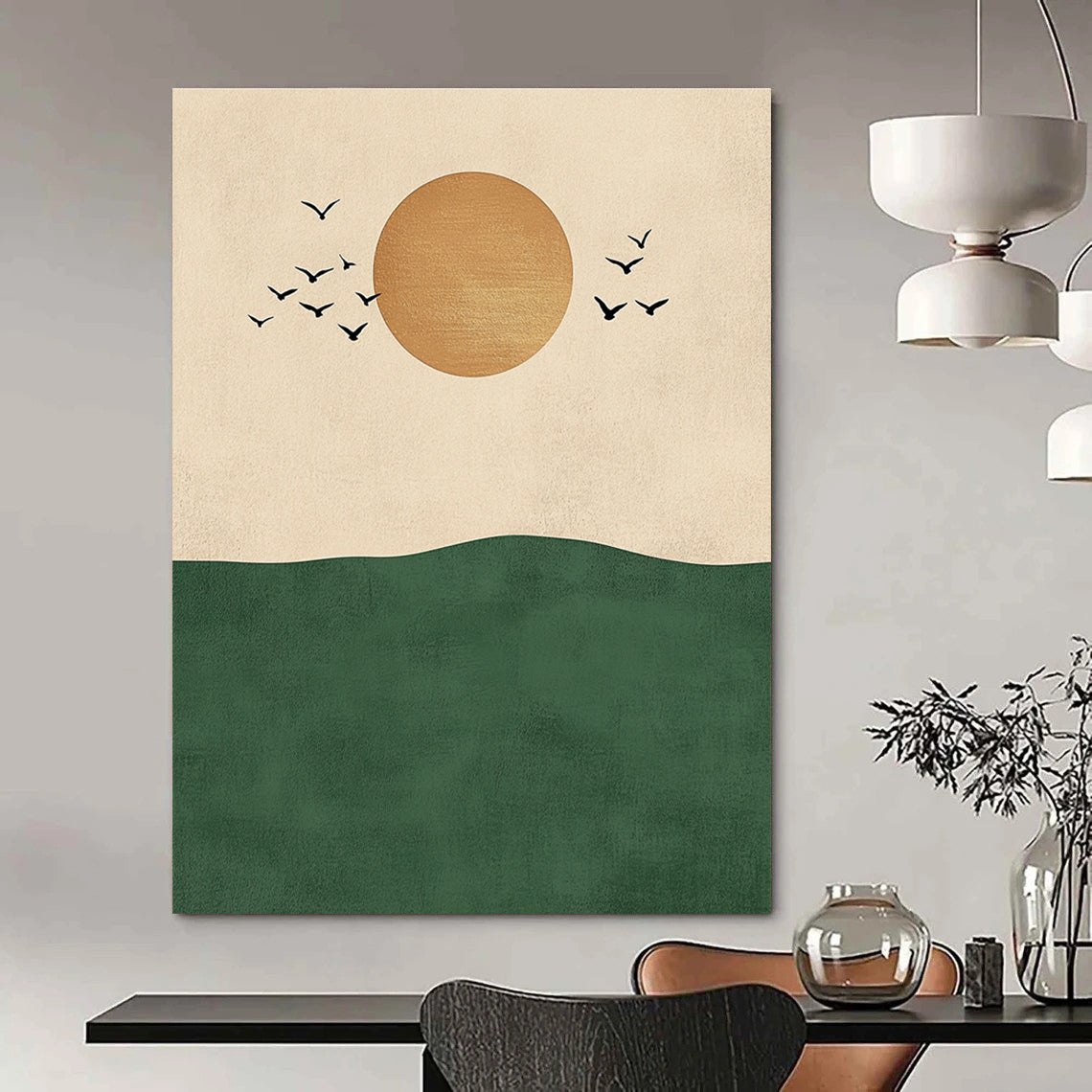 Sun Birds and Green Hill Abstract Painting for Nature - Inspired Living Rooms GAB1380