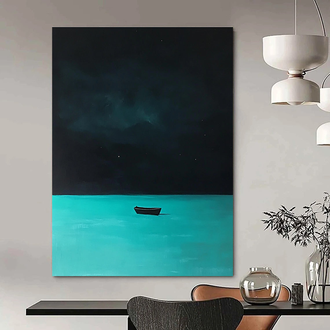 Boat on Turquoise Water at Night Mysterious Seascape Abstract Painting GAB0353