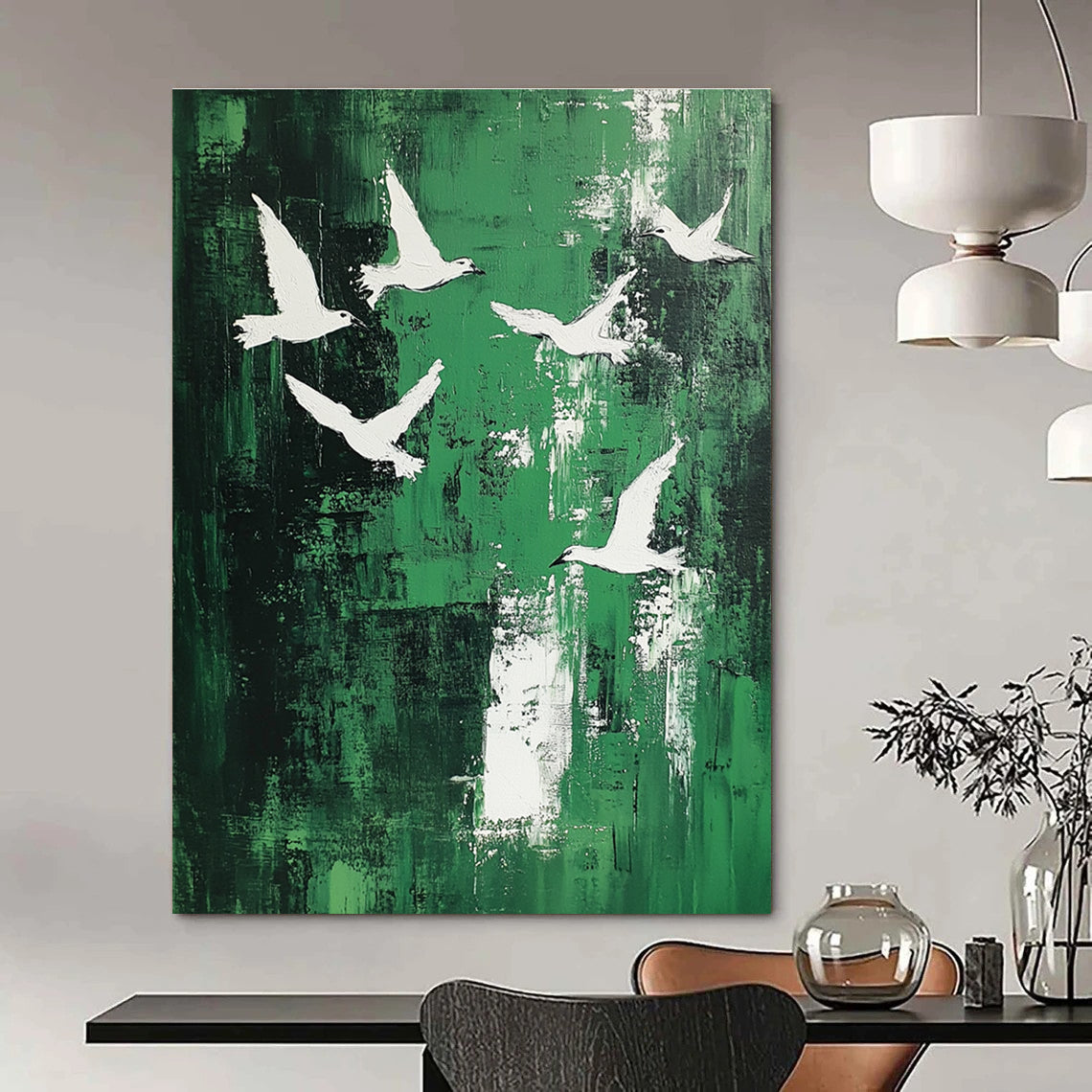 White Birds on Green Abstract Painting for Contemporary Garden Galleries GAB0827