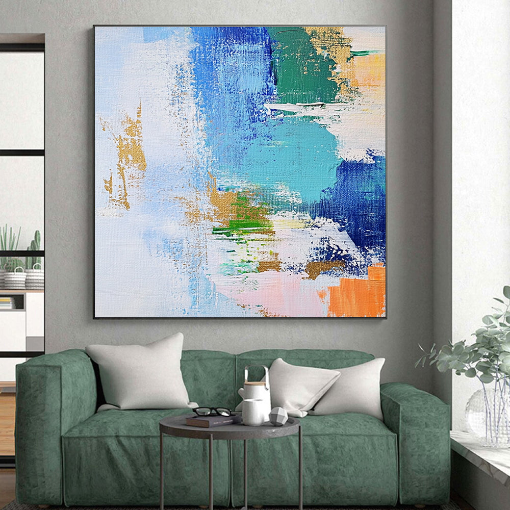 Blue Green Gold Abstract Painting with Dynamic Brushstrokes WINK616