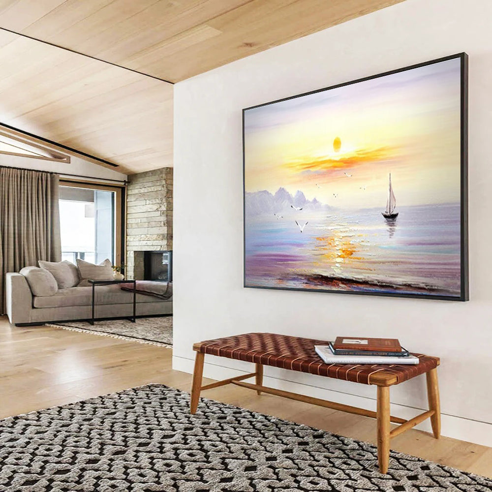 Serene Seaside Sunset Painting for Coastal Bedrooms YHT181