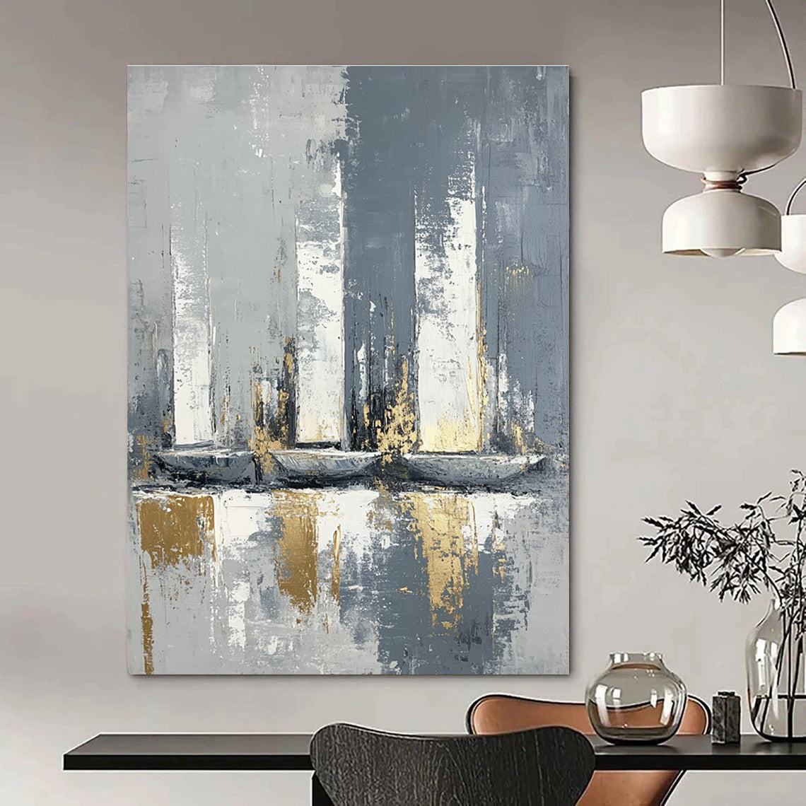 Grey and Gold Abstract Sails Minimalist Painting for Modern Interiors GAB1462