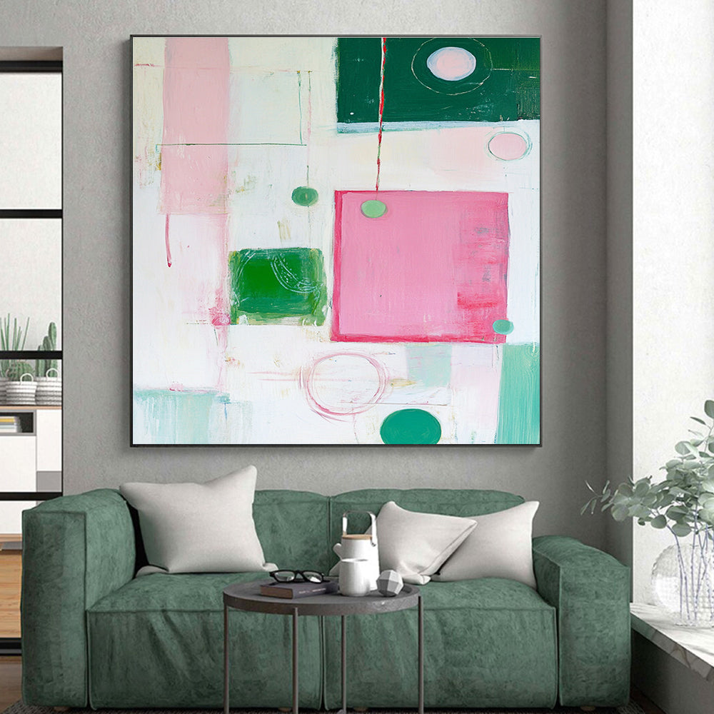 Pink Green White Abstract Painting with Playful Geometry WINK518