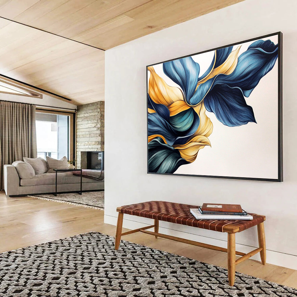 Blue and Gold Floral Shapes Abstract Painting with Elegant Fluidity ABS579