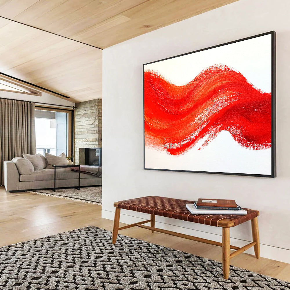 Red Wavy Line on White Abstract Painting with Bold Simplicity ABS606