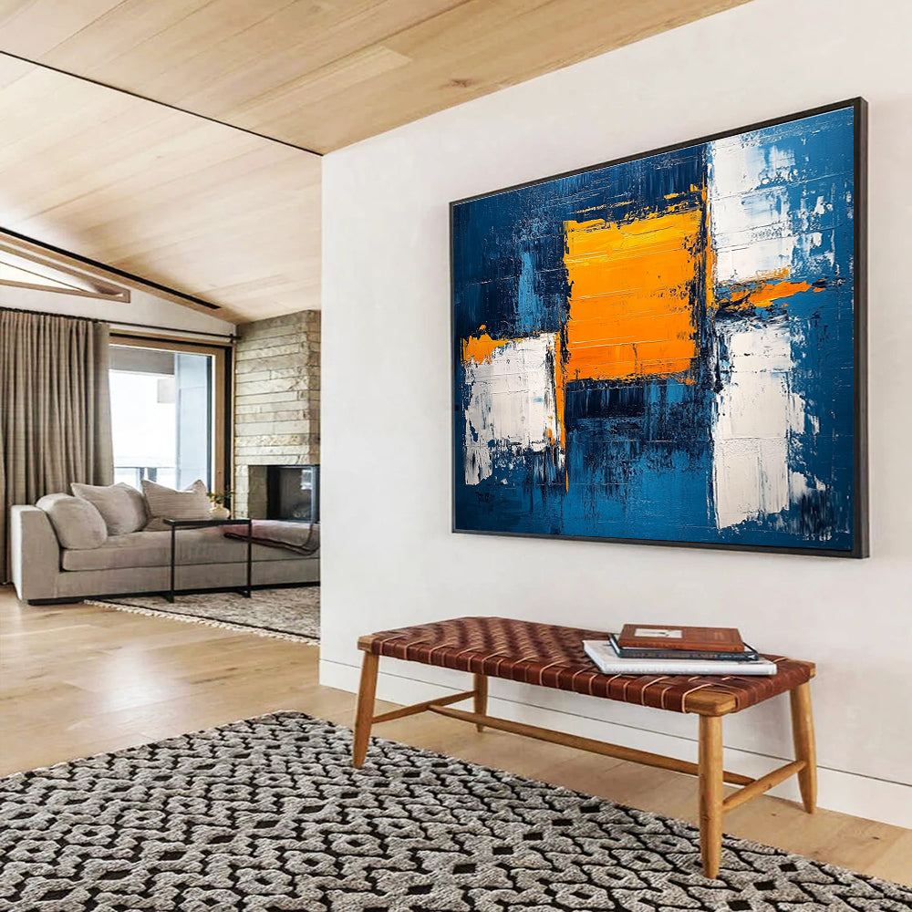 Blue and Orange Geometric Abstract with Textured Edges Abstract Painting ABS382