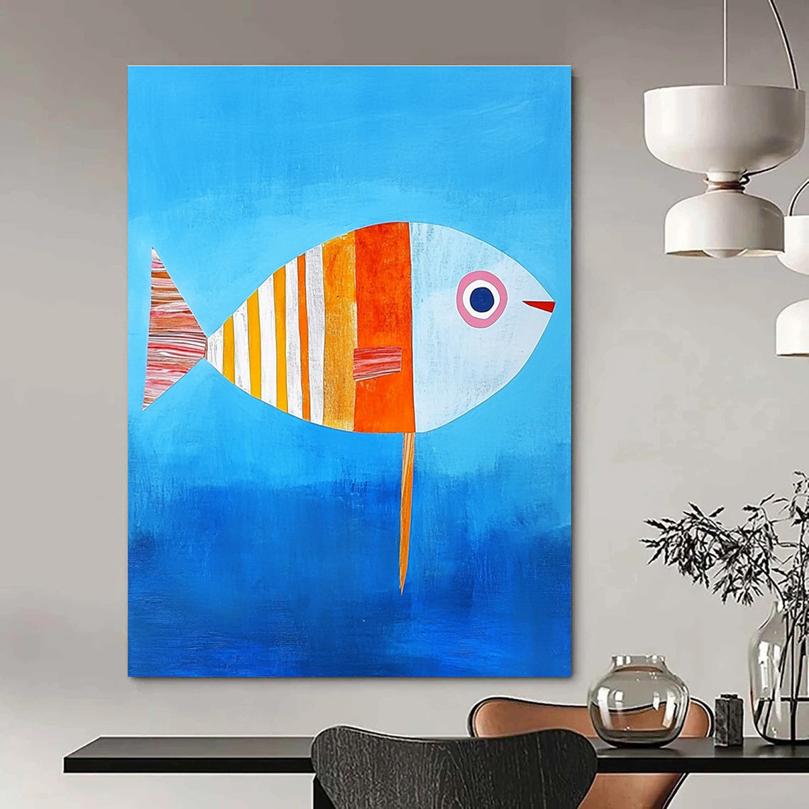 Colorful Patchwork Fish Whimsical Marine Abstract Painting GAB0344