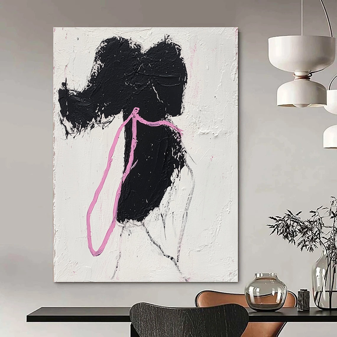 Black Silhouette with Pink Ribbon Abstract Painting for Feminine - Themed Boutiques GAB1376