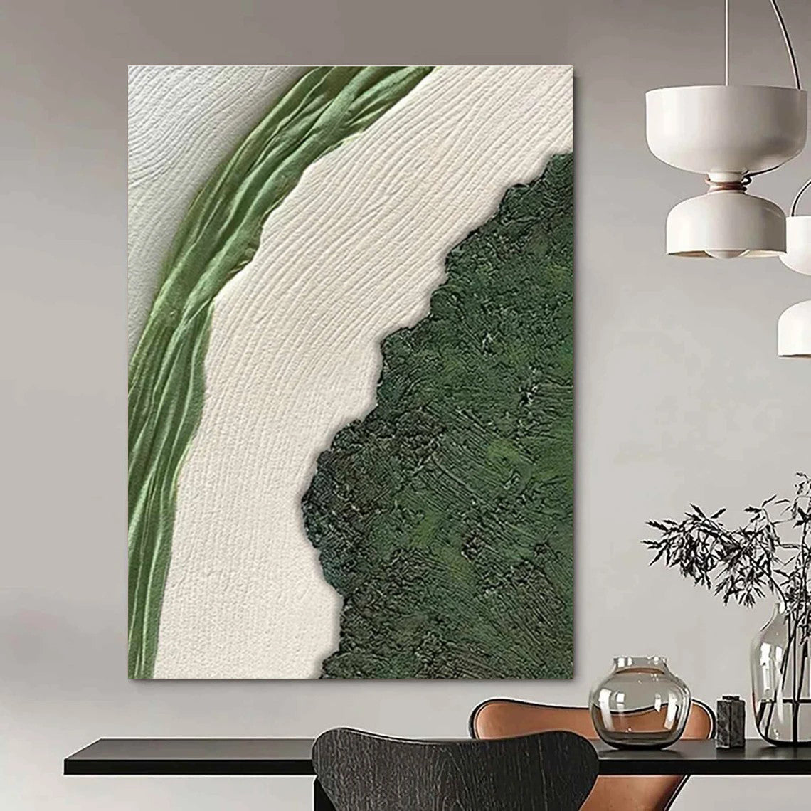 Textured Green and White Landscape Painting for Nature - Inspired Minimalist Spaces HENG316