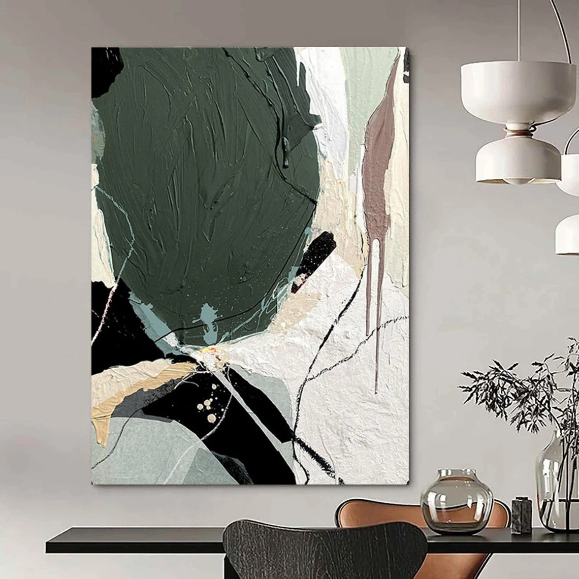 Mixed - Media Abstract with Green Painting for Creative Coworking Spaces HENG505