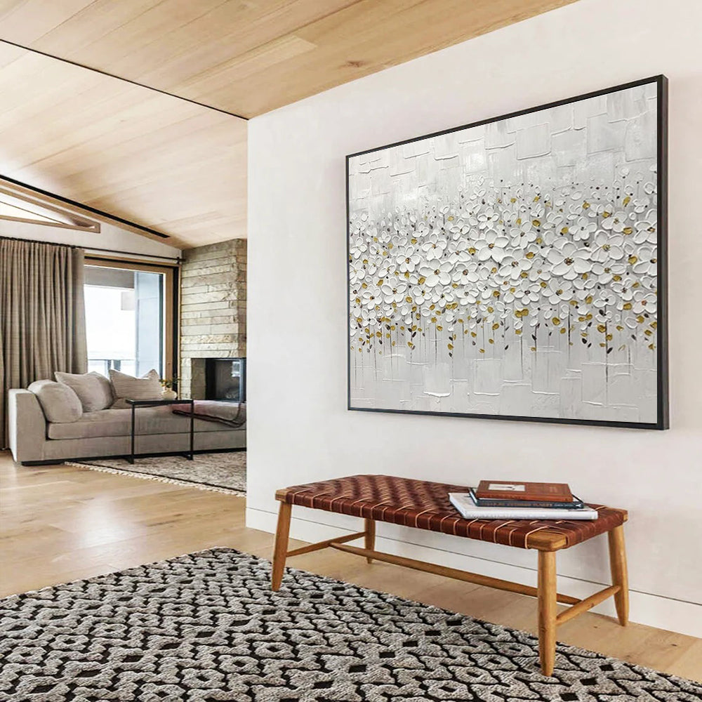 White Flower Field Abstract Painting for Minimalist Bedroom Retreats YHT214