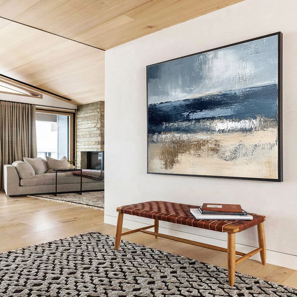 Gray and Blue Abstract Coast with Textured Sea and Sand Abstract Painting ABS362