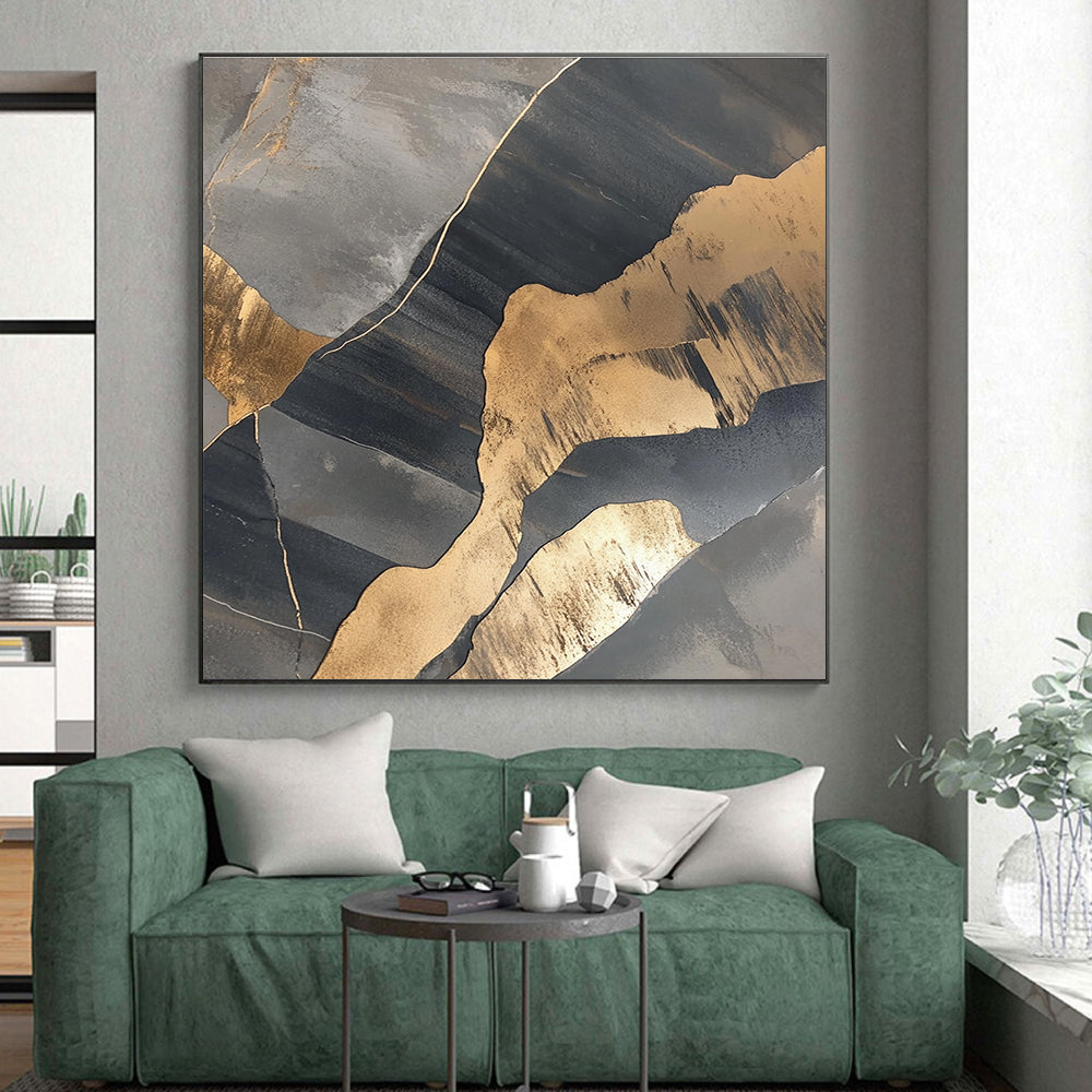 Gray and Gold Abstract Painting with Geometric Shapes WINK836