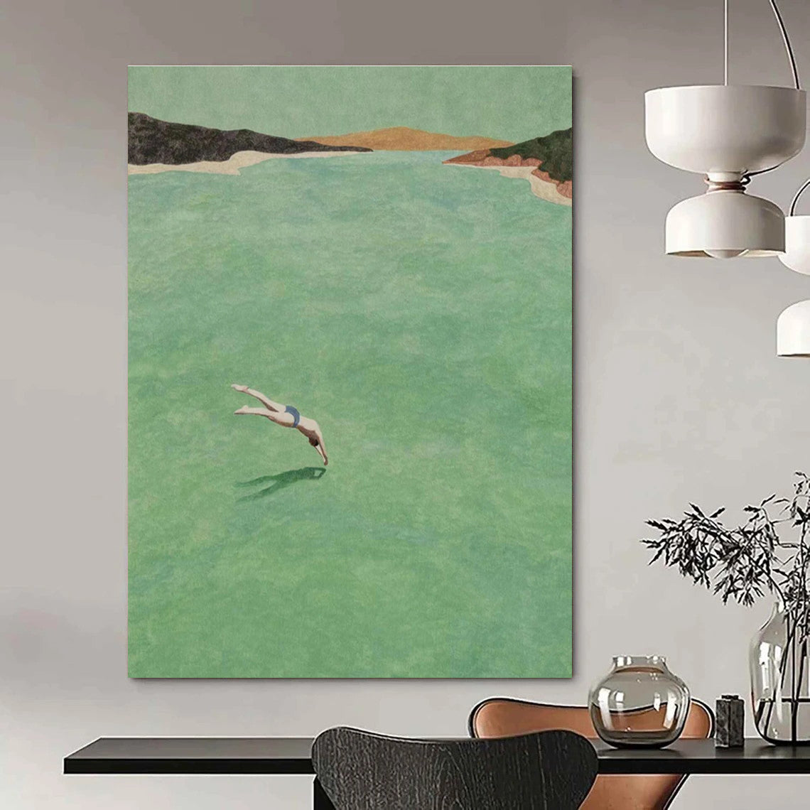 Diver in Green Water Figurative Painting for Nature - Inspired Spaces HENG304