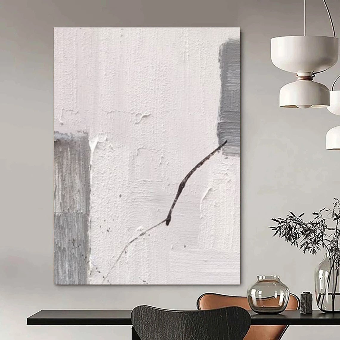 White and Gray Textured Fragment with Line Abstract Painting for Modern Art - Filled Hallways HENG363