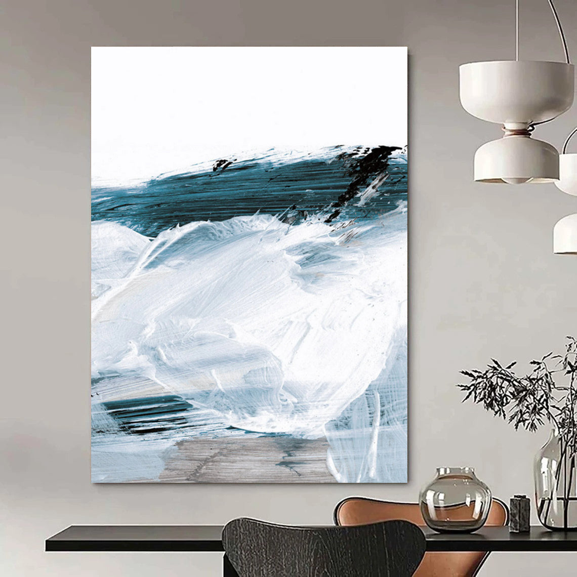 Blue - White Abstract Waves Painting for Coastal - Inspired Home Offices HENG219